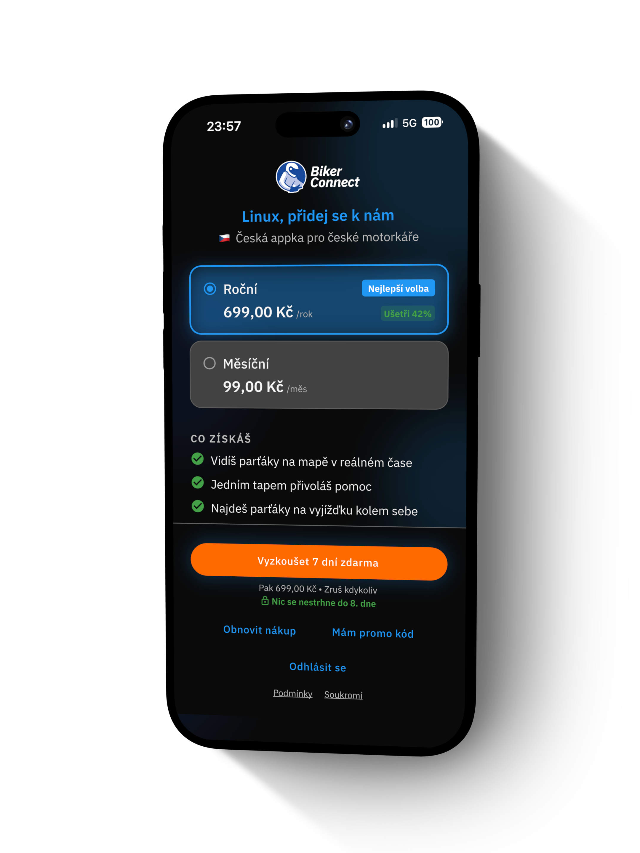 BikerConnect — pricing v aplikaci (roční 699 Kč, měsíční 99 Kč, 7 dní zdarma)