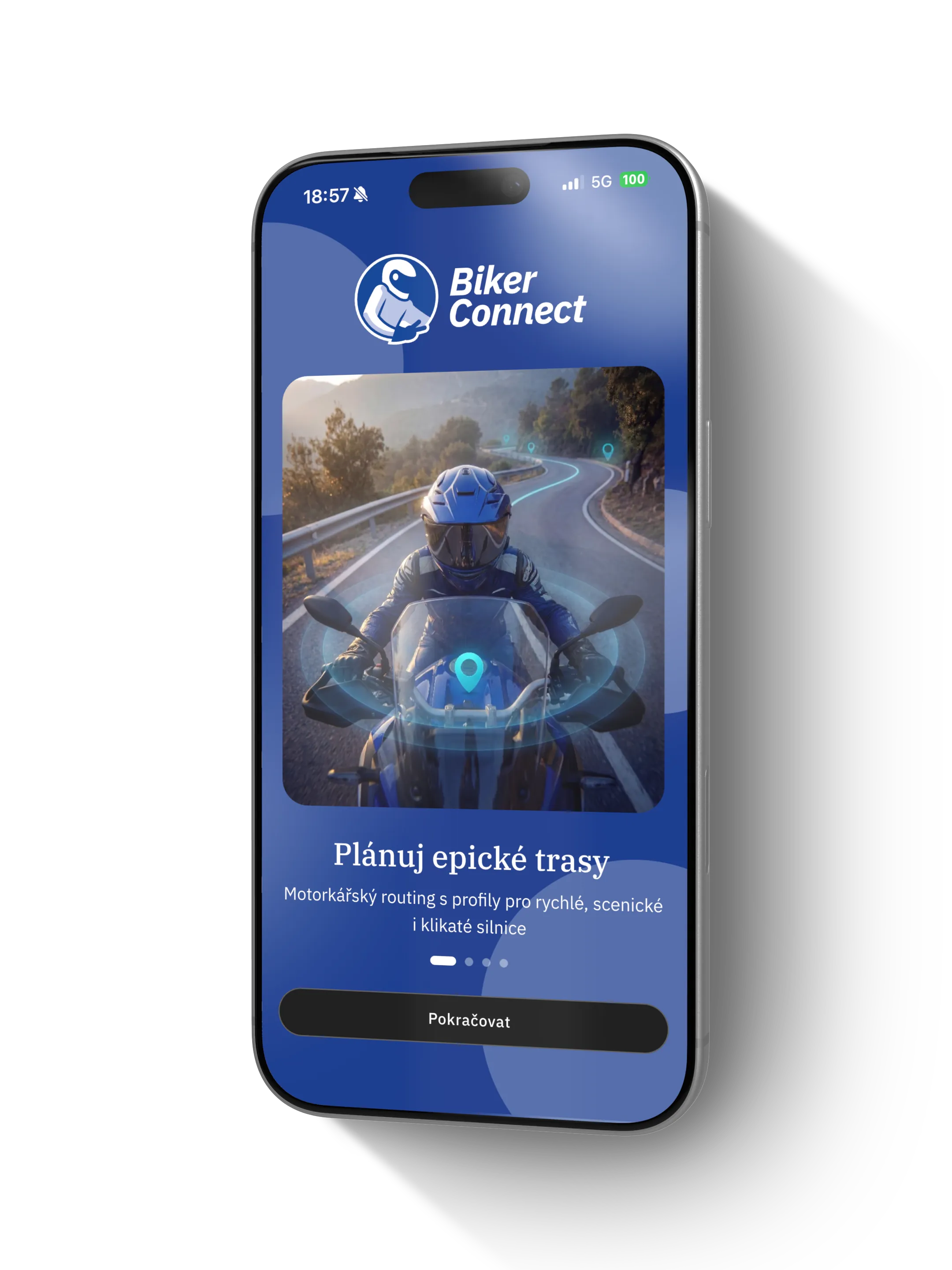 BikerConnect — onboarding obrazovka, parta motorkářů na trase